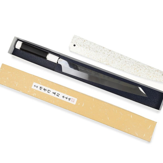 【プロの料理人が愛用する包丁ブランド】堺孝行 真打 刺身包丁 柳刃包丁 水本焼 白二鋼 鏡面加工 片刃 サヤ付き 青木刃物製作所