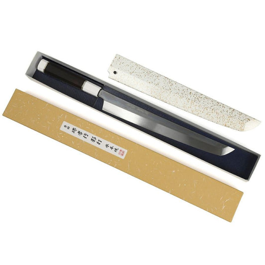 【プロの料理人が愛用する包丁ブランド】堺孝行 影打 刺身包丁 柳刃包丁 白二鋼 鏡面加工 片刃 サヤ付き 日本製 青木刃物製作所