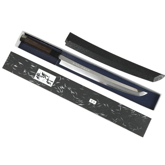 【プロの料理人が愛用する包丁ブランド】堺孝行 斬月 刺身包丁 柳刃包丁 銀三鋼 鏡面加工 片刃 サヤ付き 日本製 青木刃物製作所